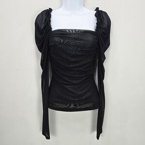 Sheer Top S Black Ruched Puff Sleeve Dark Fairy Whimsigoth‎ Coquette Festival